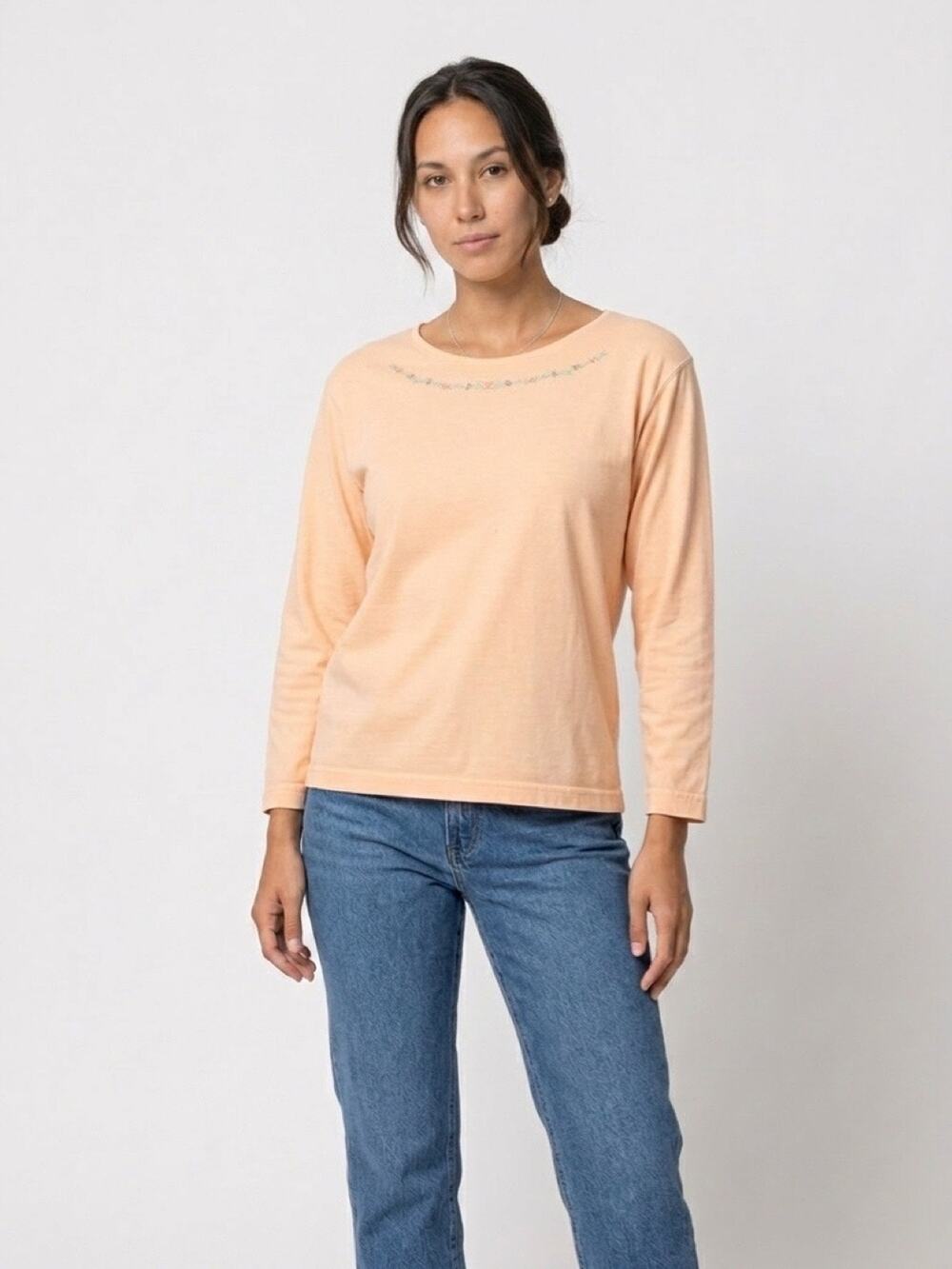Vintage 1990s Gitano Sherbert Orange Long Sleeve Top Embroidered Floral Small